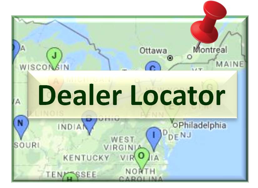 Dealer Locator text over USA map green yellow blue with red pushpin