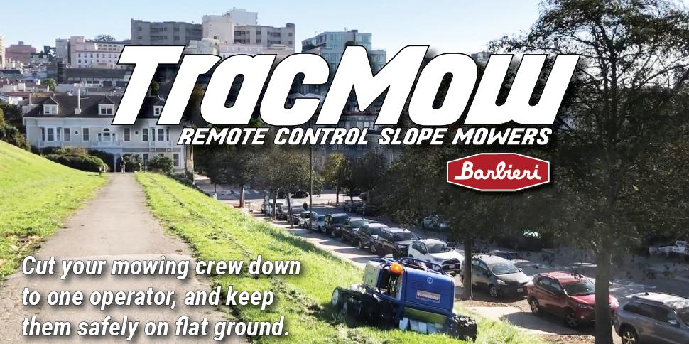 Tracmow Remote Control Slope Mower logo plus tracmow mowing a steep slope